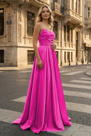 KissProm-Strapless Fuchsia Satin A-line Long Prom Dress With Slit