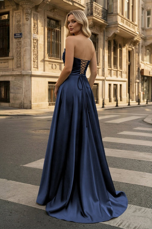 Strapless Sage Green Satin A-line Long Prom Dress With Slit, Sage Green / 0