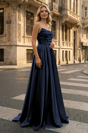 KissProm-Strapless Navy Blue Satin A-line Long Prom Dress With Slit