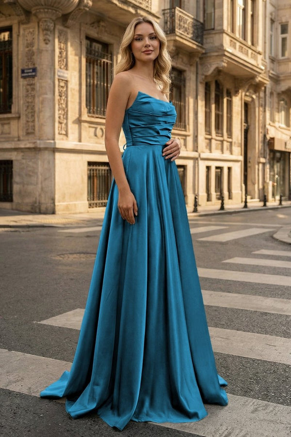 Strapless Sage Green Satin A-line Long Prom Dress With Slit Strapless Sage Green Satin A-line Long Prom Dress With Slit