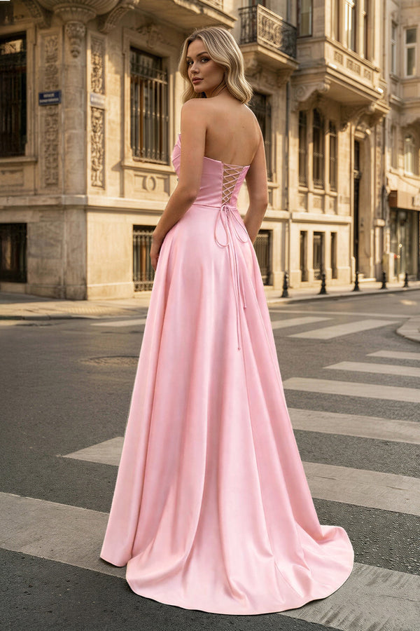 KissProm- Pink Strapless  Satin A-line Long Prom Dress With Slit