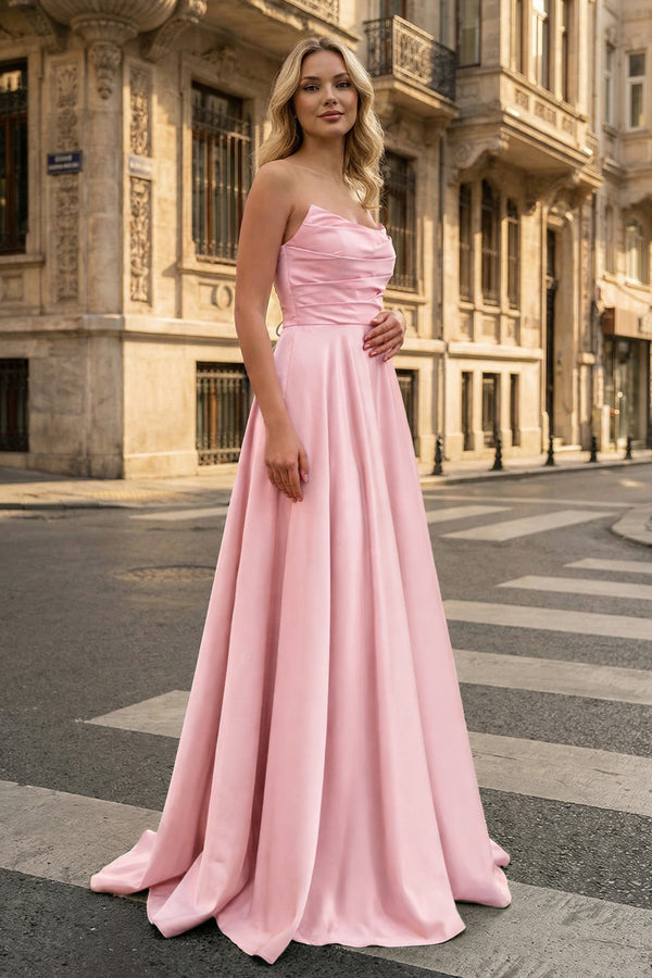 KissProm- Pink Strapless  Satin A-line Long Prom Dress With Slit