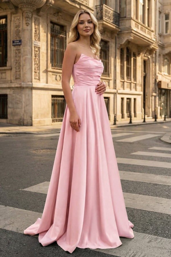 Strapless Sage Green Satin A - line Long Prom Dress With Slit - KissProm
