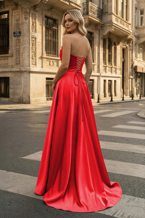 KissProm-Strapless Red Satin A-line Long Prom Dress With Slit
