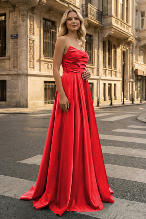 KissProm-Strapless Red Satin A-line Long Prom Dress With Slit