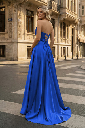 KissProm-Strapless Royal Blue Satin A-line Long Prom Dress With Slit