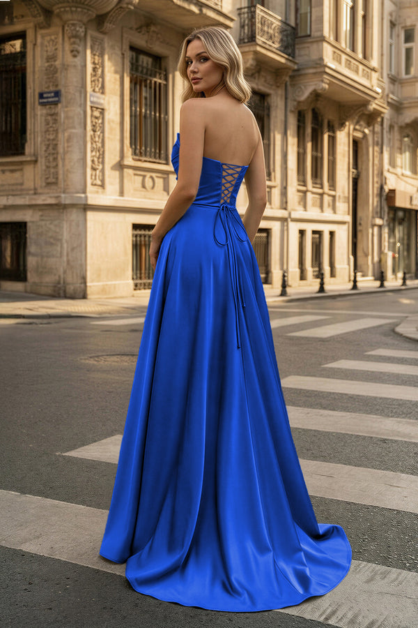 KissProm-Strapless Royal Blue Satin A-line Long Prom Dress With Slit