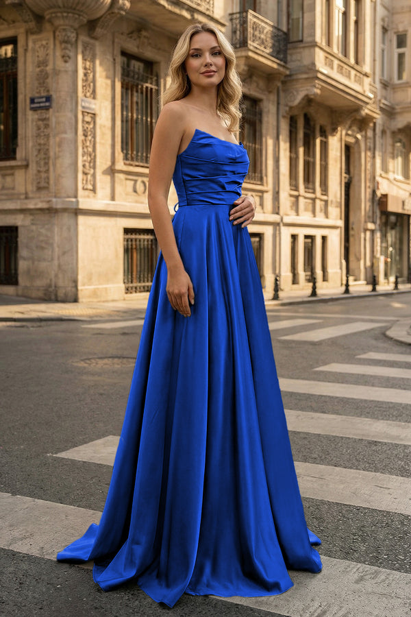KissProm-Strapless Royal Blue Satin A-line Long Prom Dress With Slit
