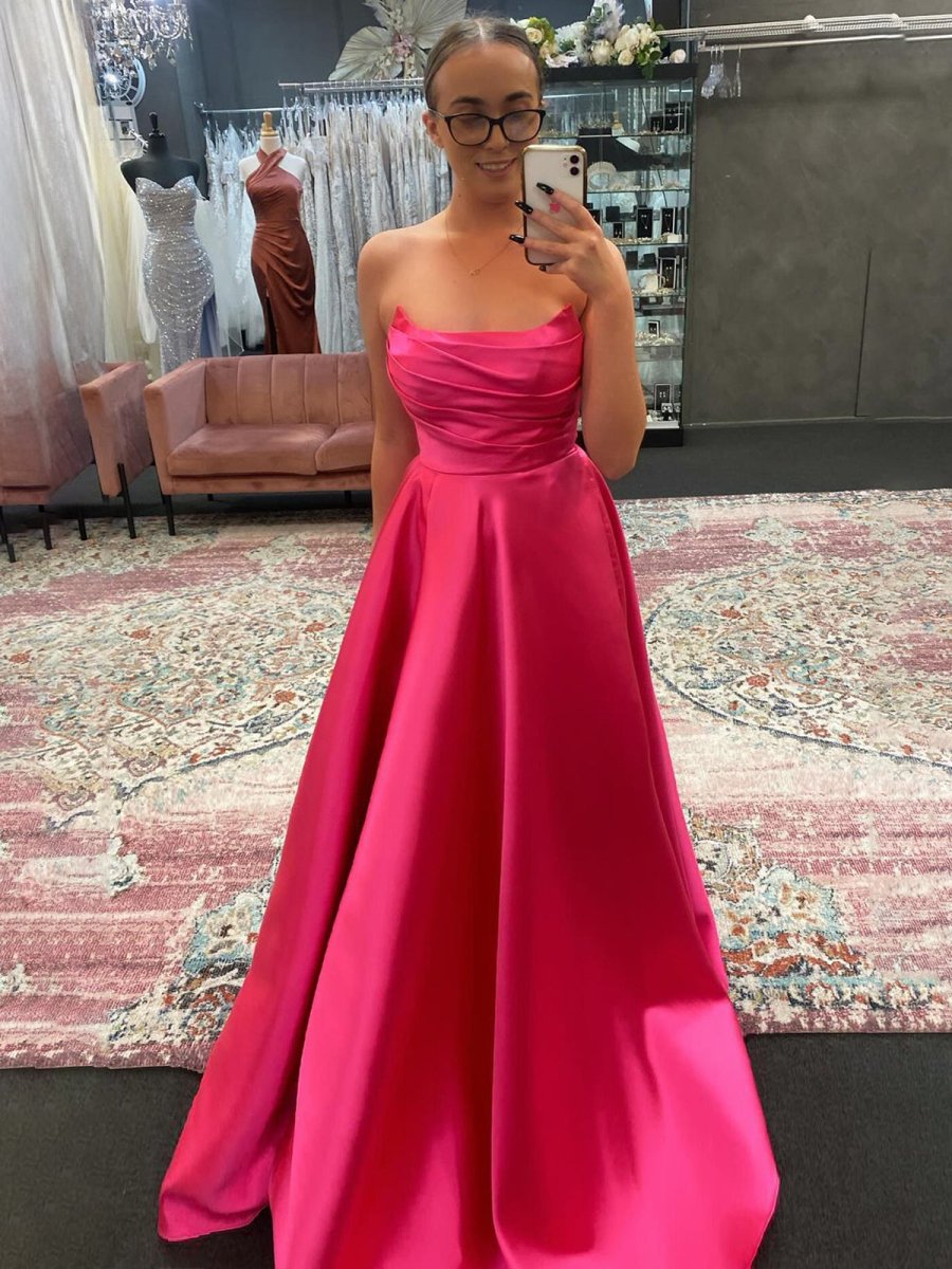 KissProm-Tanzie Strapless Fuchsia Satin A-line Long Prom Dress With Slit