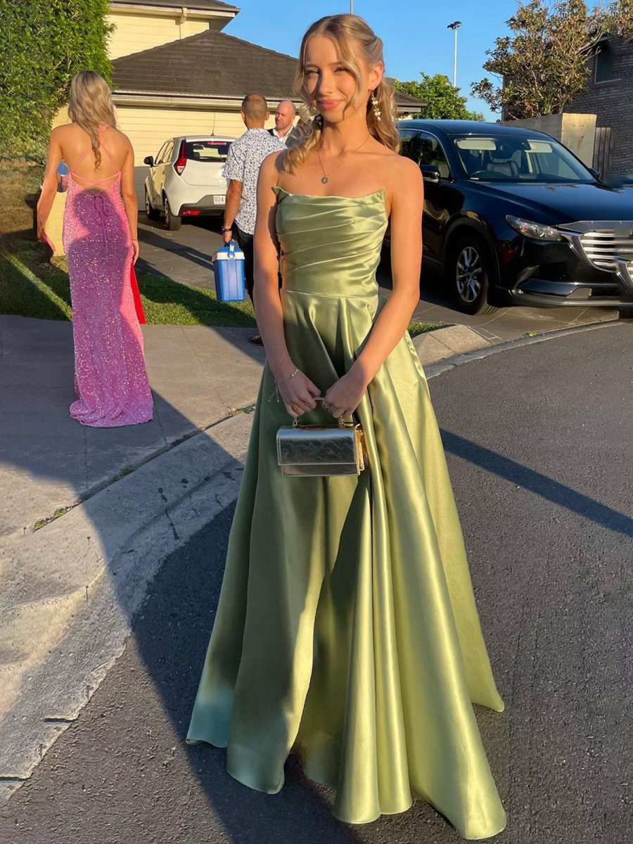 slim fit dress slacks Strapless Sage Green Satin A-Line Long Prom Dress with Slit, Pink / 00