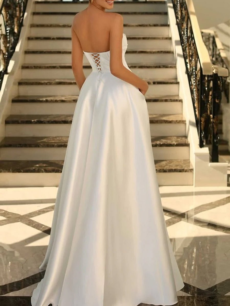 Tanzie | Strapless Sage Green Satin A - line Long Prom Dress With Slit - KissProm