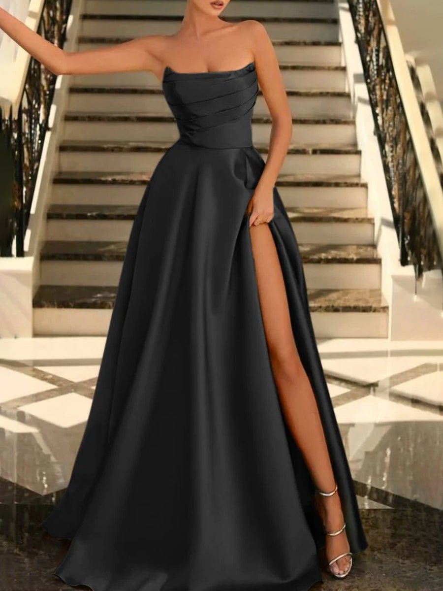 Tanzie | Strapless Sage Green Satin A - line Long Prom Dress With Slit - KissProm