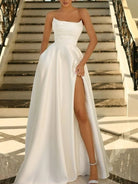 Tanzie | Strapless White Satin A - line Long Prom Dress With Slit - KissProm