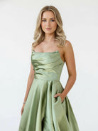 KissProm-Tanzie Strapless Sage Green Satin A-line Long Prom Dress With Slit