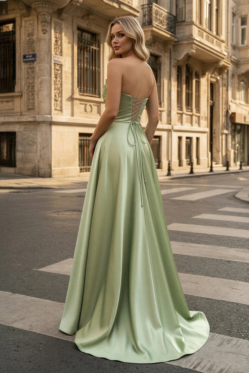 Strapless Sage Green Satin A-line Long Prom Dress With Slit, Sage Green / 0 Strapless Sage Green Satin A-line Long Prom Dress With Slit, Sage Green / 0
