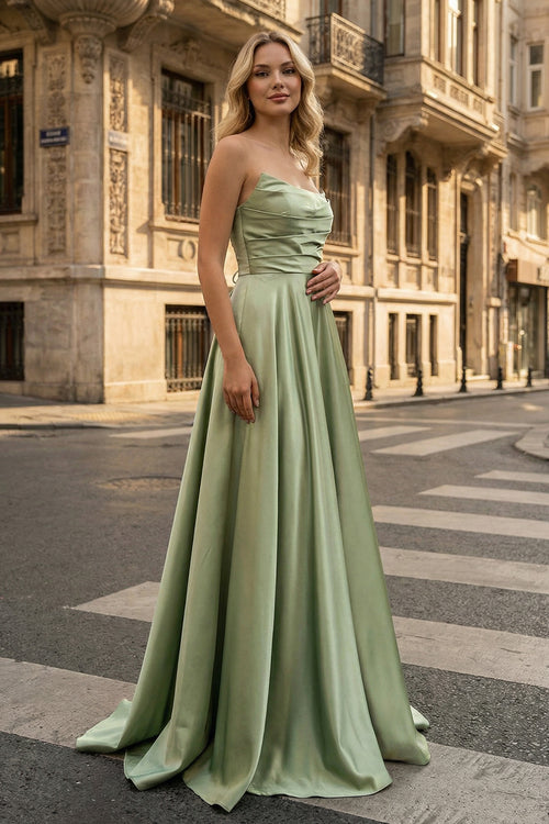 KissProm-Strapless Sage Green Satin A-line Long Prom Dress With Slit