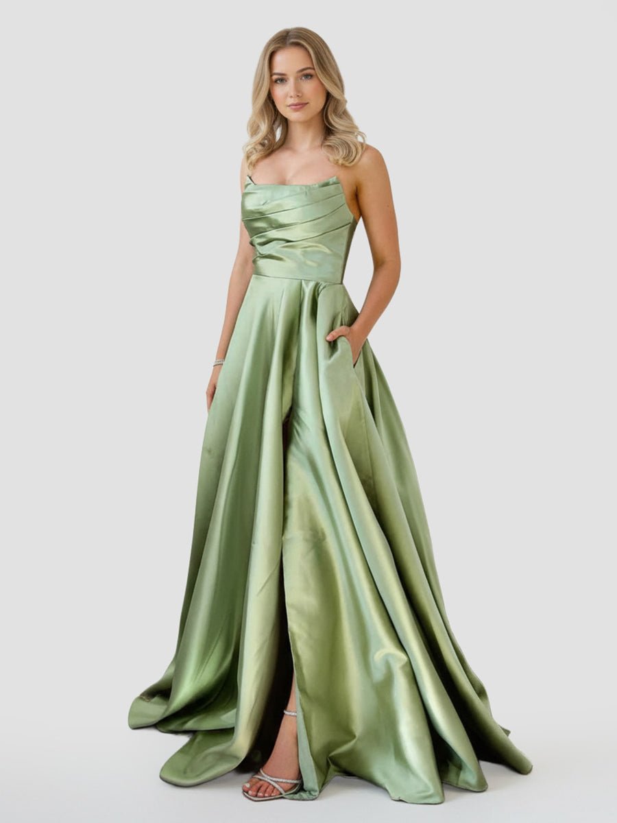 KissProm-Tanzie Strapless Sage Green Satin A-line Long Prom Dress With Slit