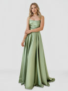 Tanzie | Strapless Sage Green Satin A - line Long Prom Dress With Slit - KissProm