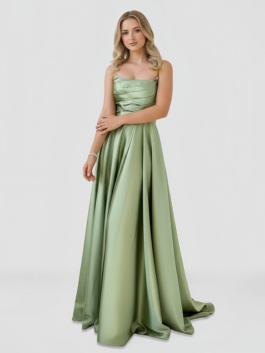 Tanzie | Strapless Sage Green Satin A - line Long Prom Dress With Slit - KissProm