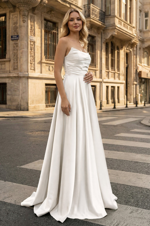 KissProm-White  Strapless  Satin A-line Long Prom Dress With Slit