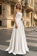 Strapless Sage Green Satin A - line Long Prom Dress With Slit - KissProm