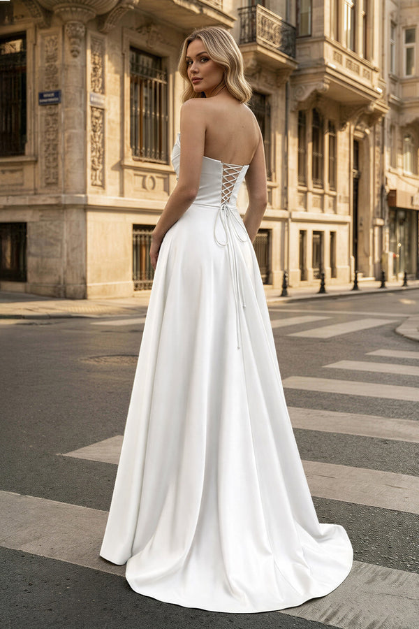 KissProm-White  Strapless  Satin A-line Long Prom Dress With Slit