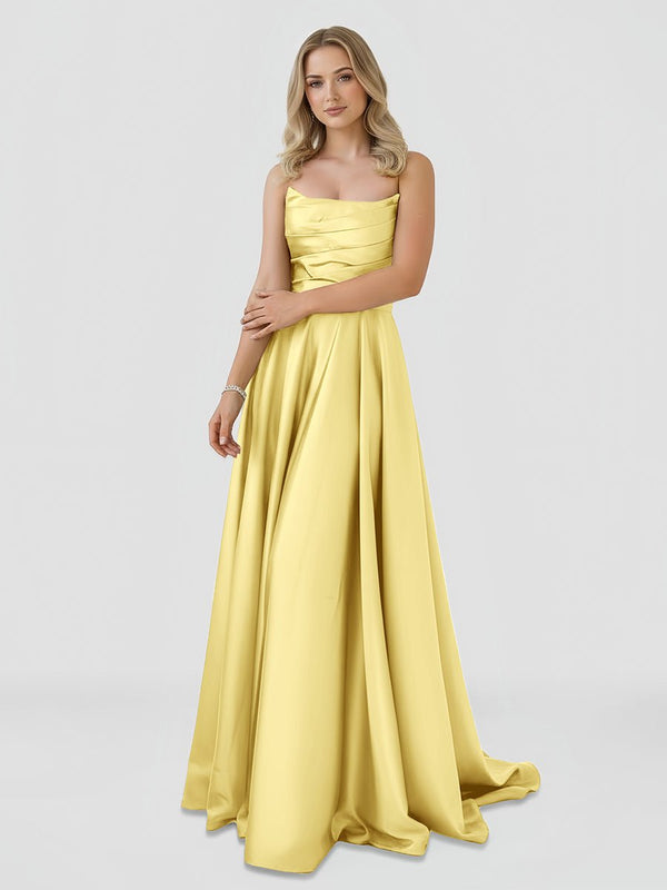 Tanzie | Strapless Yellow  Satin A - line Long Prom Dress With Slit - KissProm