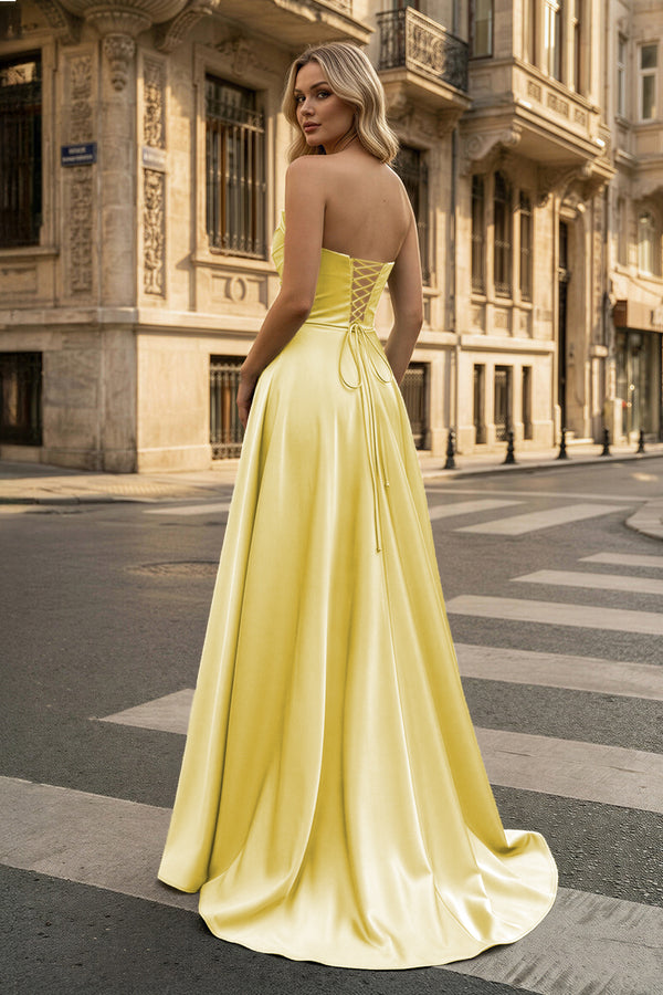 KissProm-Strapless Yellow Satin A-line Long Prom Dress With Slit