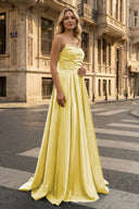 Strapless Sage Green Satin A - line Long Prom Dress With Slit - KissProm