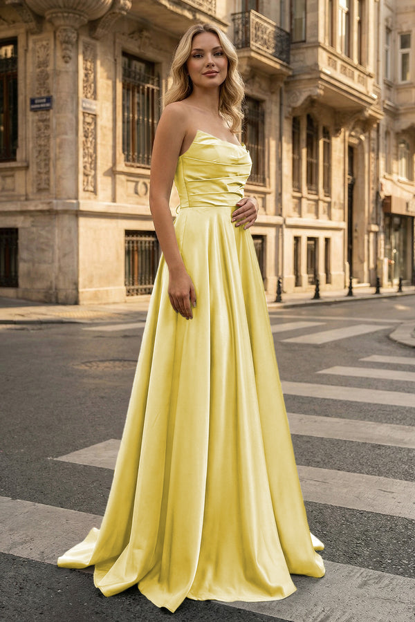 KissProm-Strapless Yellow Satin A-line Long Prom Dress With Slit