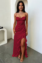 Tarian | Yellow - Sheath Satin Sweetheart Long Prom Dresses with Ruffles - KissProm