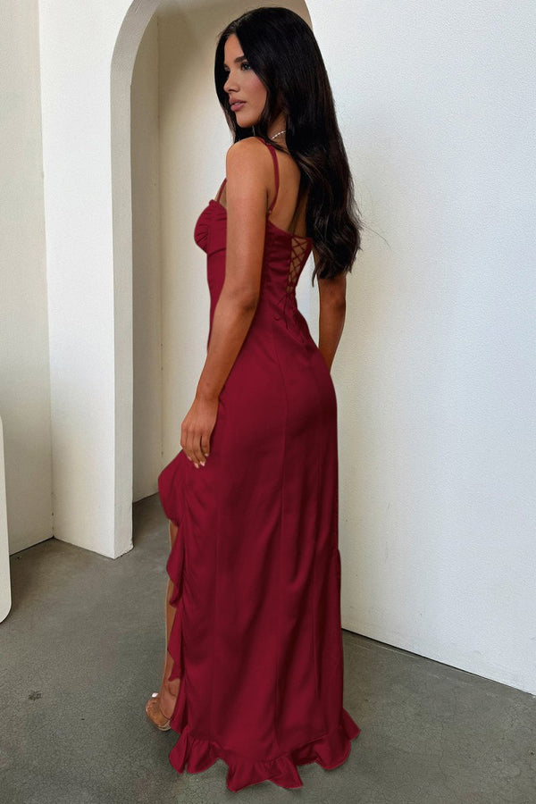 Tarian | Burgundy - Sheath Satin Sweetheart Long Prom Dresses with Ruffles - KissProm