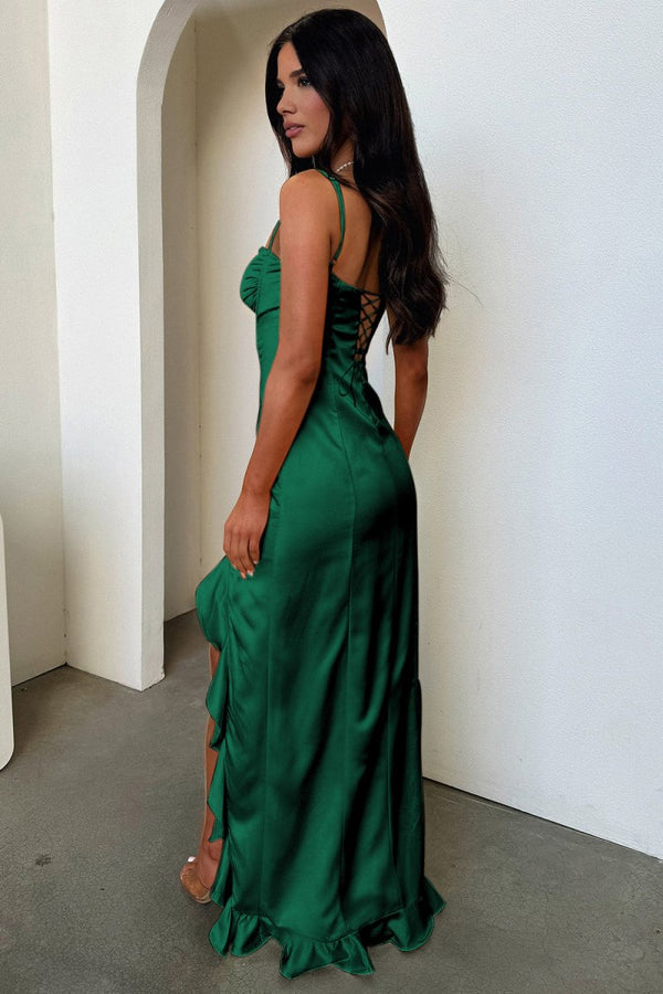 Tarian | Emerald - Sheath Satin Sweetheart Long Prom Dresses with Ruffles - KissProm