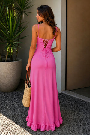 Fuchsia Sheath Satin Spaghetti Straps Long Prom Dresses with Ruffles-KissProm