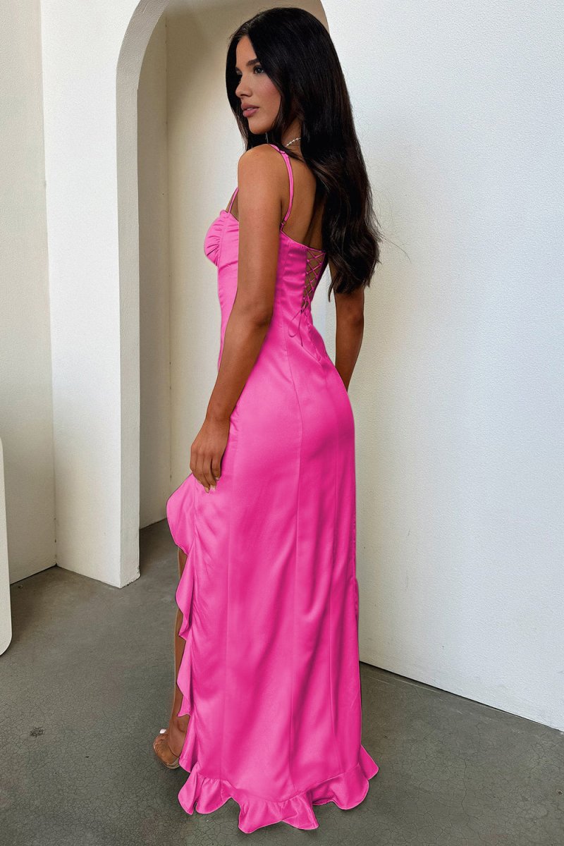 Tarian | Yellow - Sheath Satin Sweetheart Long Prom Dresses with Ruffles - KissProm