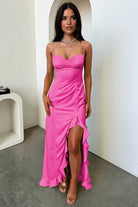 Tarian | Yellow - Sheath Satin Sweetheart Long Prom Dresses with Ruffles - KissProm