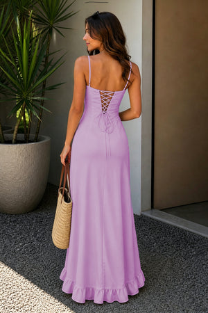 Lilac Sheath Satin Spaghetti Straps Long Prom Dresses with Ruffles-KissProm