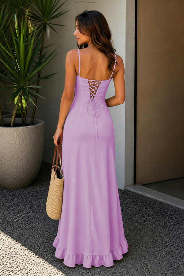 Lilac Sheath Satin Spaghetti Straps Long Prom Dresses with Ruffles-KissProm