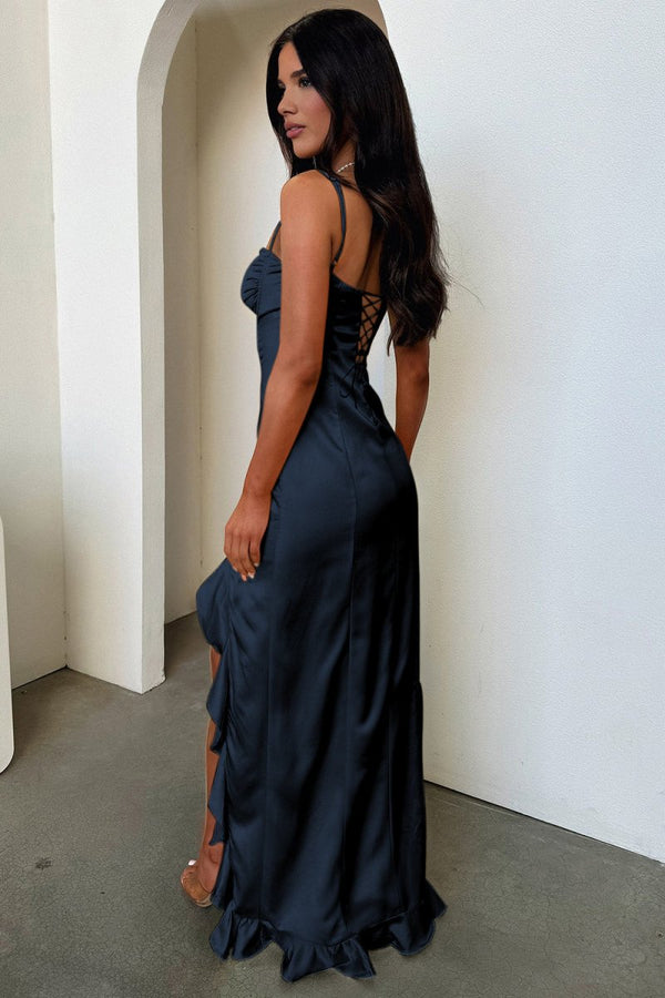 Tarian | Navy Blue - Sheath Satin Sweetheart Long Prom Dresses with Ruffles - KissProm