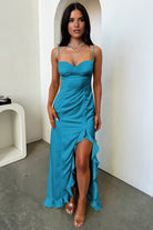 Tarian | Yellow - Sheath Satin Sweetheart Long Prom Dresses with Ruffles - KissProm