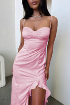 Tarian | Yellow - Sheath Satin Sweetheart Long Prom Dresses with Ruffles - KissProm