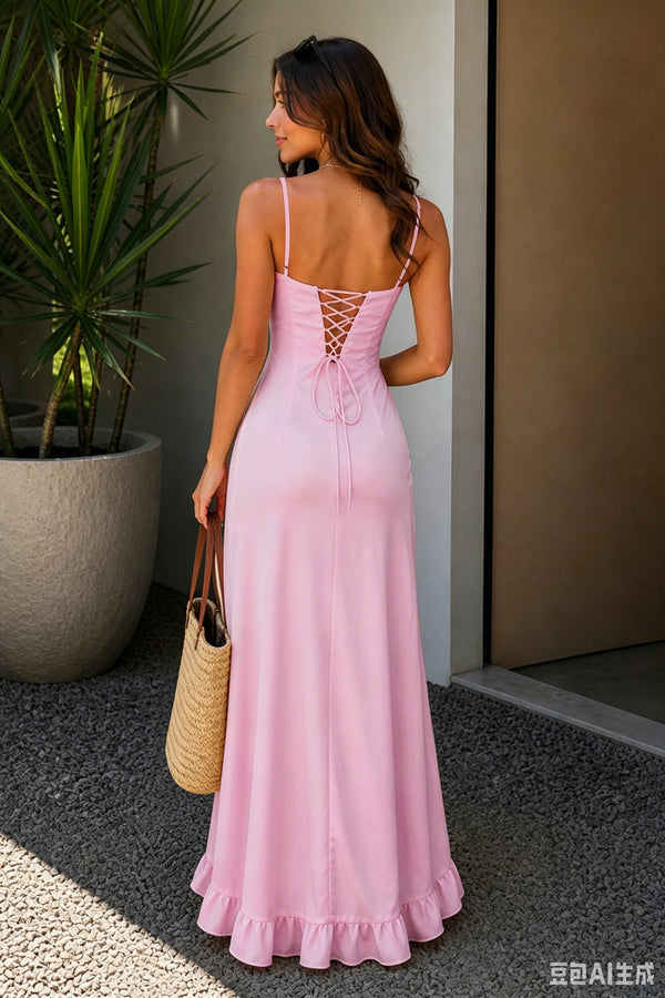 Pink Sheath Satin Spaghetti Straps Long Prom Dresses with Ruffles-KissProm