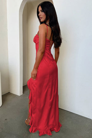 Tarian | Red - Sheath Satin Sweetheart Long Prom Dresses with Ruffles - KissProm