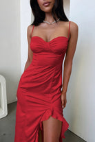 Tarian | Yellow - Sheath Satin Sweetheart Long Prom Dresses with Ruffles - KissProm