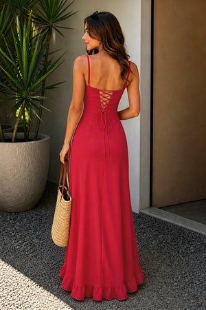 Red Sheath Satin Spaghetti Straps Long Prom Dresses with Ruffles-KissProm