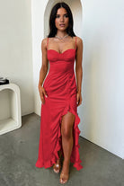 Tarian | Yellow - Sheath Satin Sweetheart Long Prom Dresses with Ruffles - KissProm