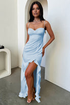 Tarian | Yellow - Sheath Satin Sweetheart Long Prom Dresses with Ruffles - KissProm