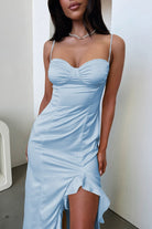 Tarian | Yellow - Sheath Satin Sweetheart Long Prom Dresses with Ruffles - KissProm