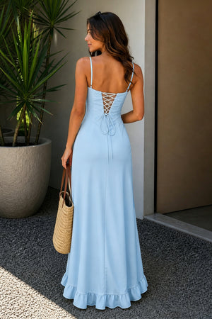 Sky Blue Sheath Satin Spaghetti Straps Long Prom Dresses with Ruffles-KissProm