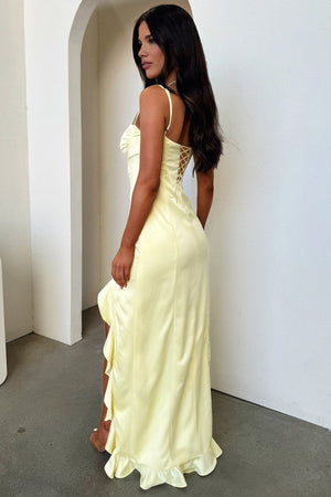 Tarian | Yellow - Sheath Satin Sweetheart Long Prom Dresses with Ruffles - KissProm
